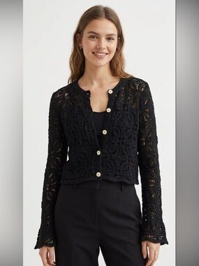 H&M Divided Open-Knit Crochet Button-Up Long Bell Sleeve Cardigan Medium Black